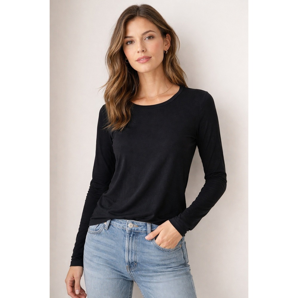 James Perse Black Long Sleeve Crew‎ Neck Tee WBJ3361CU Cotton Lycra Size 3 L